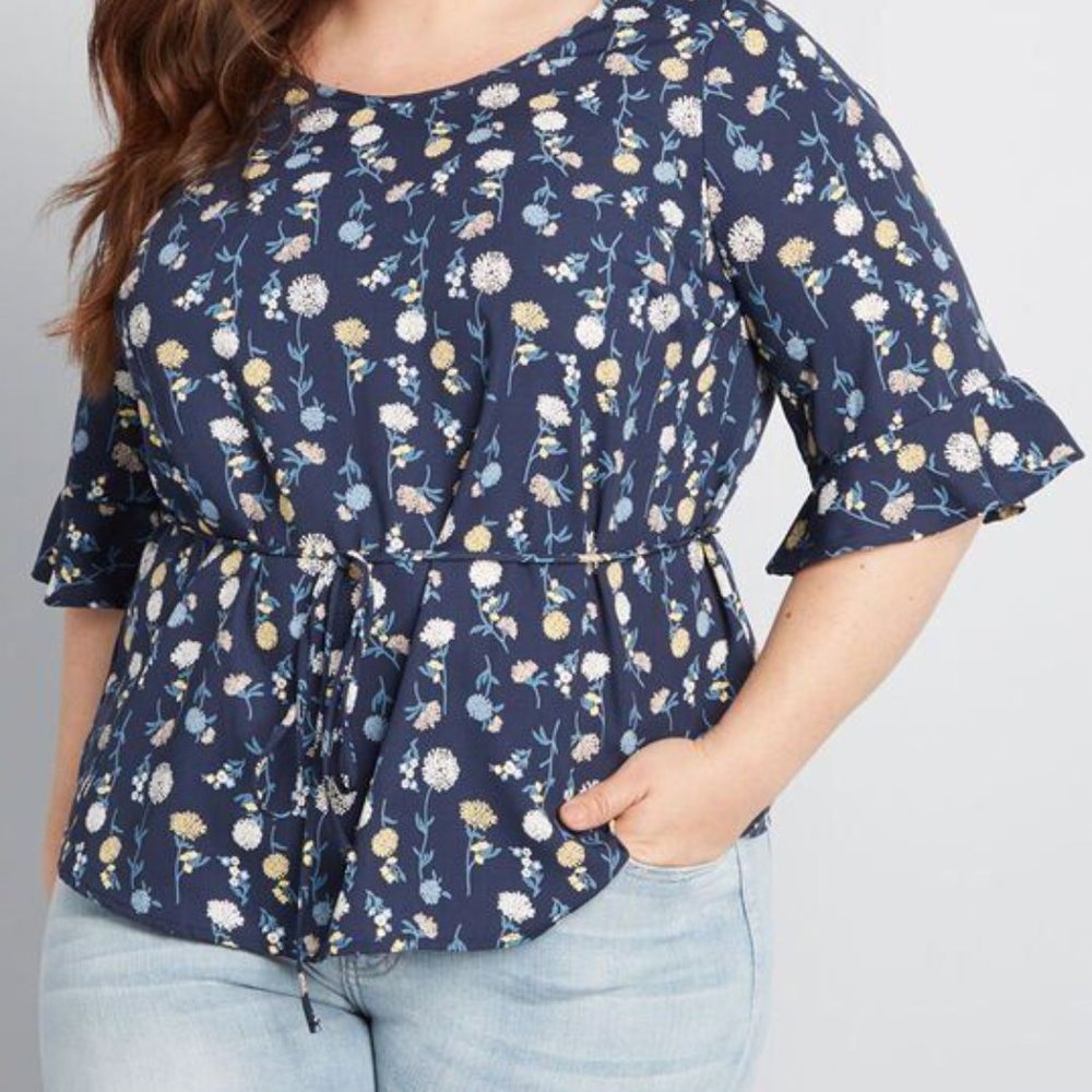 Modcloth Navy Floral Flutter Sleeve Blouse/Top 2X